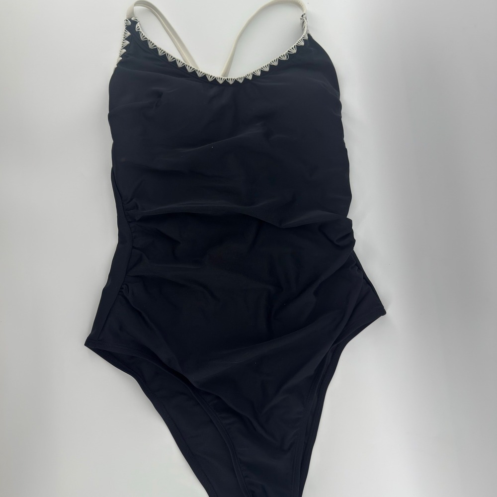 Cupshe One Piece Swimsuit Women Medium Black Scalloped Trim Cutout Back T1S0043